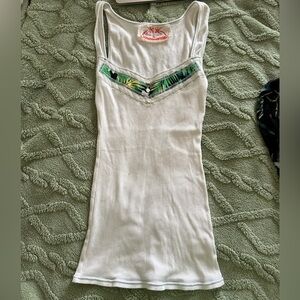 Free People White Tank Top with Green Accents